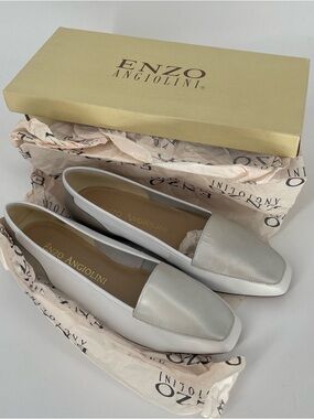 NIB Enzo Angiolini White Leather Slip On Loafers Silver Colorblock Panels